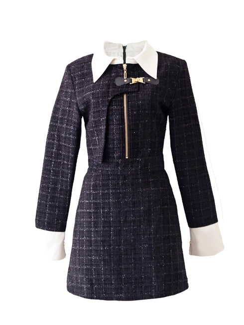 Asymmetry buckle tweed dress